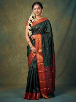 Akhilam - Womens Aura Silk Green Woven Saree With Unstitched Blouse