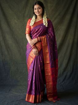 Akhilam - Womens Aura Silk Purple Woven Saree With Unstitched Blouse