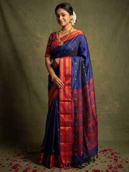 Akhilam - Womens Aura Silk Navy Blue Woven Saree With Unstitched Blouse