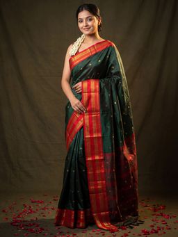 Akhilam - Womens Aura Silk Green Woven Saree With Unstitched Blouse