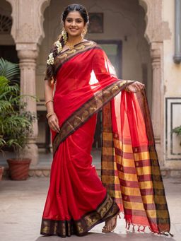 Akhilam - Womens Aura Silk Red Woven Saree With Unstitched Blouse