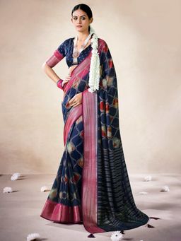 Akhilam - Womens Georgette Navy Blue Digital Print Saree With Unstitched Blouse