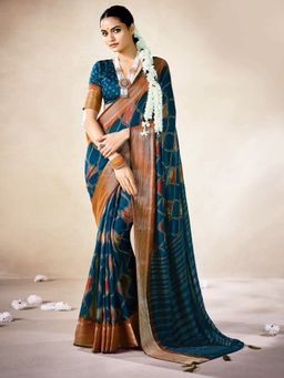 Akhilam - Womens Georgette Teal Digital Print Saree With Unstitched Blouse