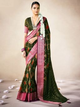 Akhilam - Womens Georgette Green Digital Print Saree With Unstitched Blouse