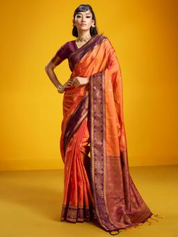 Akhilam - Womens Pure Silk Orange Woven Saree With Unstitched Blouse