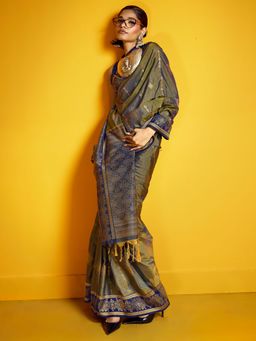 Akhilam - Womens Pure Silk Metallic Grey Woven Saree With Unstitched Blouse