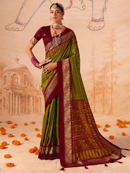 Akhilam - Womens Tussar Silk Olive Digital Print Saree With Unstitched Blouse
