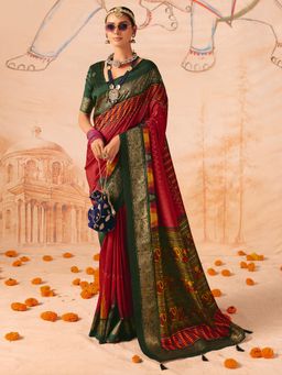 Akhilam - Womens Tussar Silk Red Digital Print Saree With Unstitched Blouse
