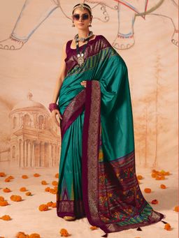 Akhilam - Womens Tussar Silk Teal Green Digital Print Saree With Unstitched Blouse
