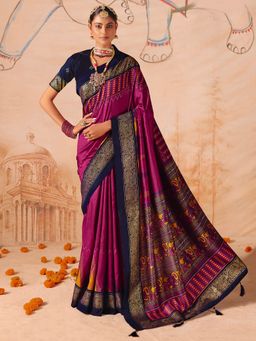 Akhilam - Womens Tussar Silk Magenta Digital Print Saree With Unstitched Blouse