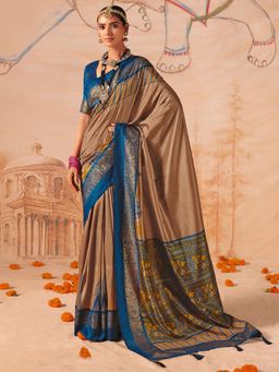 Akhilam - Womens Tussar Silk Beige Digital Print Saree With Unstitched Blouse