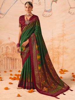 Akhilam - Womens Tussar Silk Green Digital Print Saree With Unstitched Blouse
