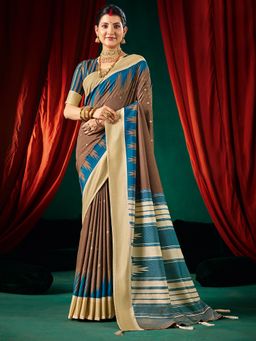 Akhilam - Womens Tussar Silk Beige Digital Print Saree With Unstitched Blouse