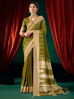 Akhilam - Womens Tussar Silk Olive Digital Print Saree With Unstitched Blouse