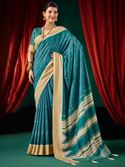 Akhilam - Womens Tussar Silk Light Blue Digital Print Saree With Unstitched Blouse