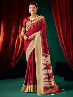 Akhilam - Womens Tussar Silk Red Digital Print Saree With Unstitched Blouse