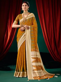 Akhilam - Womens Tussar Silk Mustard Digital Print Saree With Unstitched Blouse