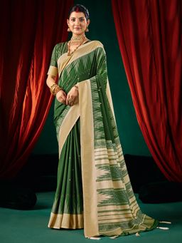 Akhilam - Womens Tussar Silk Green Digital Print Saree With Unstitched Blouse