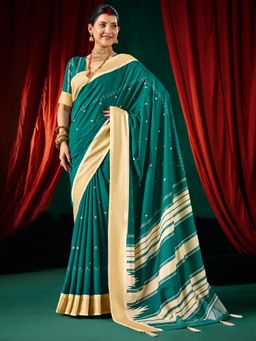 Akhilam - Womens Tussar Silk Teal Digital Print Saree With Unstitched Blouse