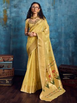 Akhilam - Womens Tissue Yellow Woven Saree With Unstitched Blouse