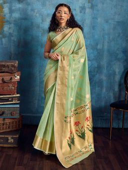 Akhilam - Womens Tissue Mint Green Woven Saree With Unstitched Blouse
