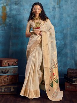 Akhilam - Womens Tissue Off White Woven Saree With Unstitched Blouse