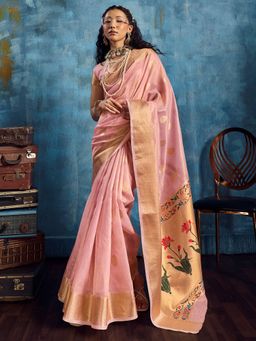 Akhilam - Womens Tissue Pink Woven Saree With Unstitched Blouse