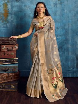 Akhilam - Womens Tissue Grey Woven Saree With Unstitched Blouse