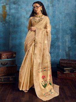 Akhilam - Womens Tissue Gold Woven Saree With Unstitched Blouse