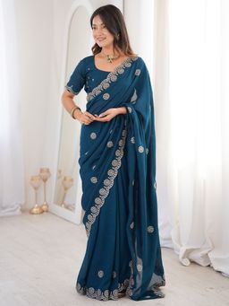 Akhilam - Womens Vichitra Silk Teal Embellished Saree With Unstitched Blouse
