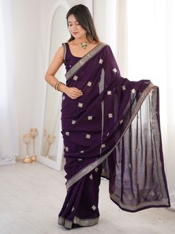 Akhilam - Womens Vichitra Silk Purple Embellished Saree With Unstitched Blouse
