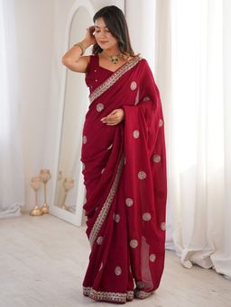 Akhilam - Womens Vichitra Silk Maroon Embellished Saree With Unstitched Blouse