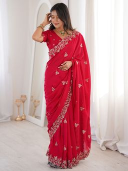 Akhilam - Womens Vichitra Silk Red Embellished Saree With Unstitched Blouse