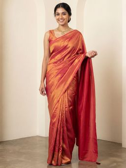Akhilam - Womens Vichitra Silk Orange Solid Saree With Unstitched Blouse