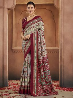 Akhilam - Womens Tussar Silk Grey Digital Print Saree With Unstitched Blouse
