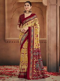 Akhilam - Womens Tussar Silk Mustard Digital Print Saree With Unstitched Blouse