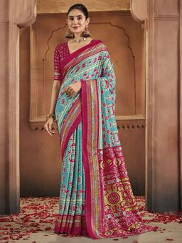 Akhilam - Womens Tussar Silk Turquoise Digital Print Saree With Unstitched Blouse
