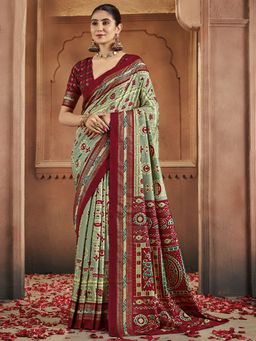 Akhilam - Womens Tussar Silk Sea Green Digital Print Saree With Unstitched Blouse