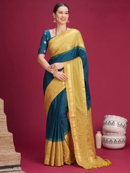 Akhilam - Womens Mysore Silk Teal Woven Saree With Unstitched Blouse