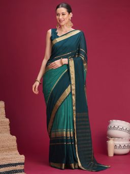 Akhilam - Womens Mysore Silk Teal Blue Woven Saree With Unstitched Blouse