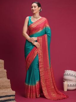 Akhilam - Womens Mysore Silk Teal Woven Saree With Unstitched Blouse