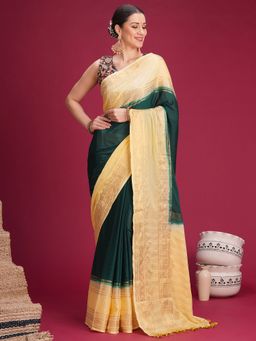 Akhilam - Womens Mysore Silk Dark Green Woven Saree With Unstitched Blouse
