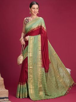 Akhilam - Womens Mysore Silk Maroon Woven Saree With Unstitched Blouse