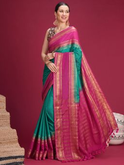 Akhilam - Womens Mysore Silk Rama Green Woven Saree With Unstitched Blouse