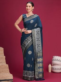 Akhilam - Womens Dola Silk Teal Blue Woven Saree With Unstitched Blouse