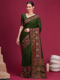 Akhilam - Womens Dola Silk Dark Green Saree With Unstitched Blouse