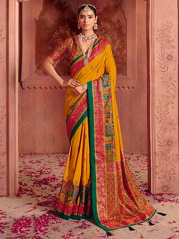 Akhilam - Womens Tussar Silk Mustard Printed Saree With Unstitched Blouse