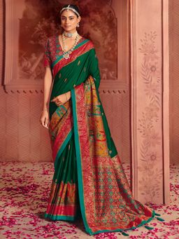 Akhilam - Womens Tussar Silk Green Printed Saree With Unstitched Blouse