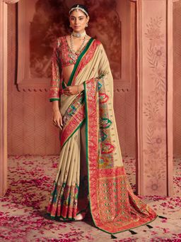 Akhilam - Womens Tussar Silk Cream Printed Saree With Unstitched Blouse