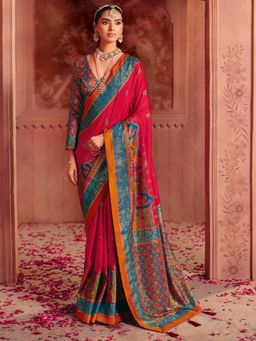 Akhilam - Womens Tussar Silk Red Printed Saree With Unstitched Blouse